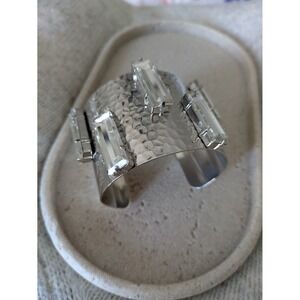 Hammered Silver Tone Cuff Bracelet With Rectangle Rhinestones Chunky Wide Glam